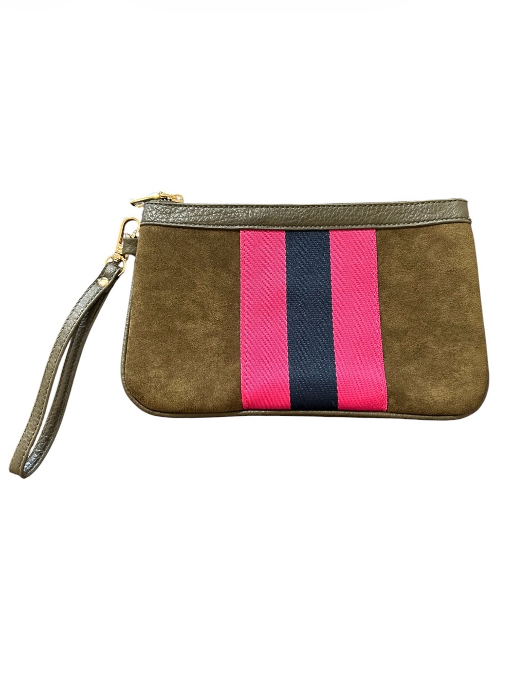 Shiraleah Milano Olive Wristlet Clutch with Navy & Hot Pink Center Stripes NWOT